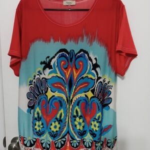 Toomi USA. Short Sleeve Paisley, Floral.And Lace. Stretch Tunic Blouse